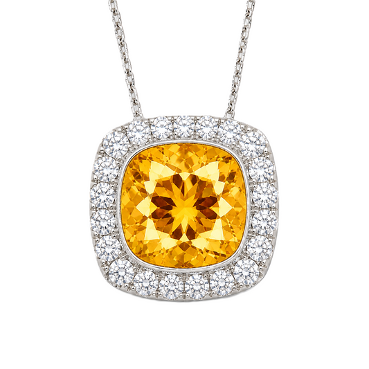 Citrine cushion pendant, 6 mm cushion center with halo, crafted in white gold-plated 925 silver. Warm, radiant, and elegant. Available now at BSI Jewelry.