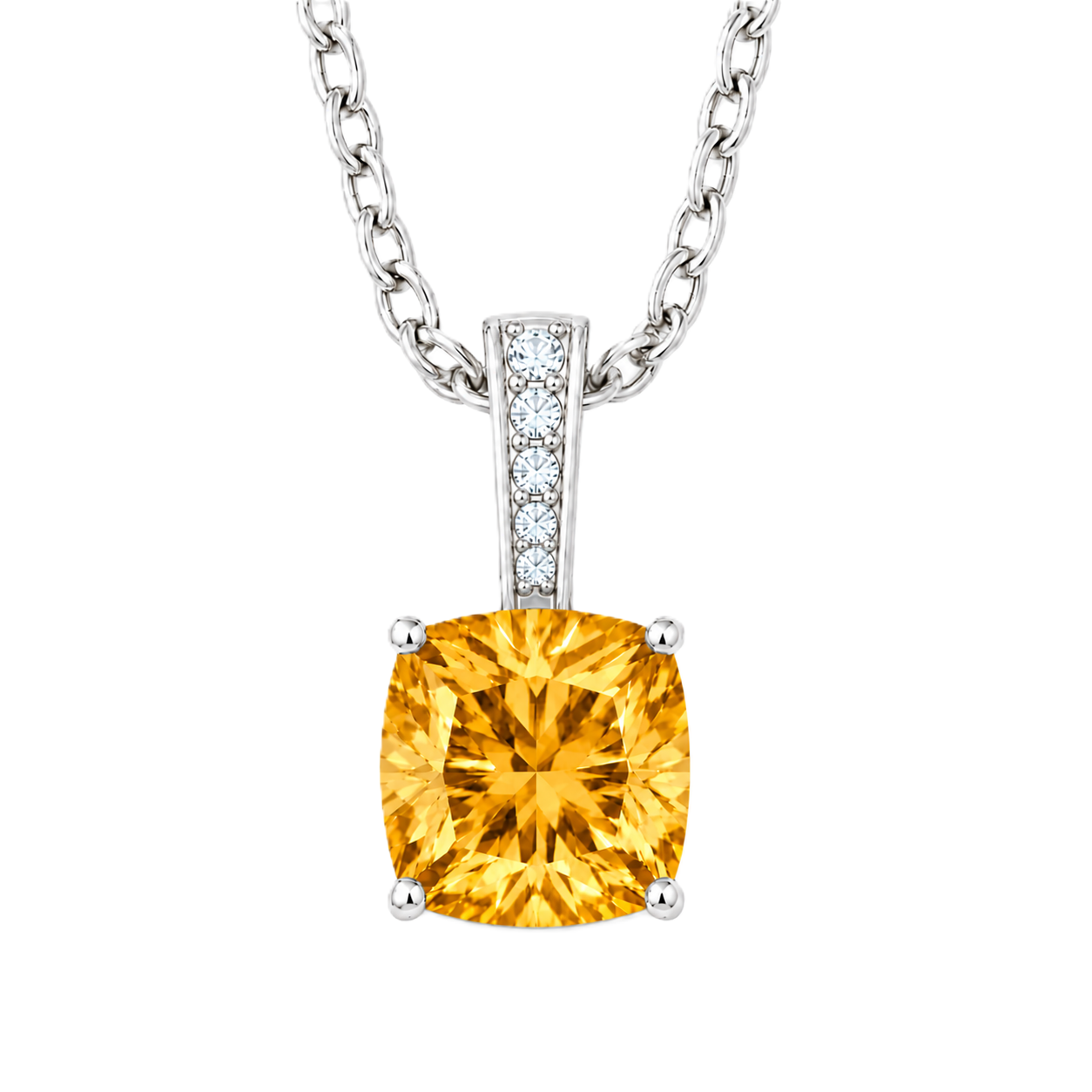 Citrine cushion pendant in white gold-plated 925 silver with moissanite accents. Elegant and hypoallergenic. Available now at BSI Jewelry.