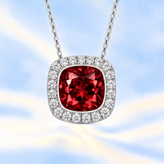 Garnet cushion pendant, 6 mm cushion center with halo, crafted in white gold-plated 925 silver. Rich, warm, and elegant. Available now at BSI Jewelry.