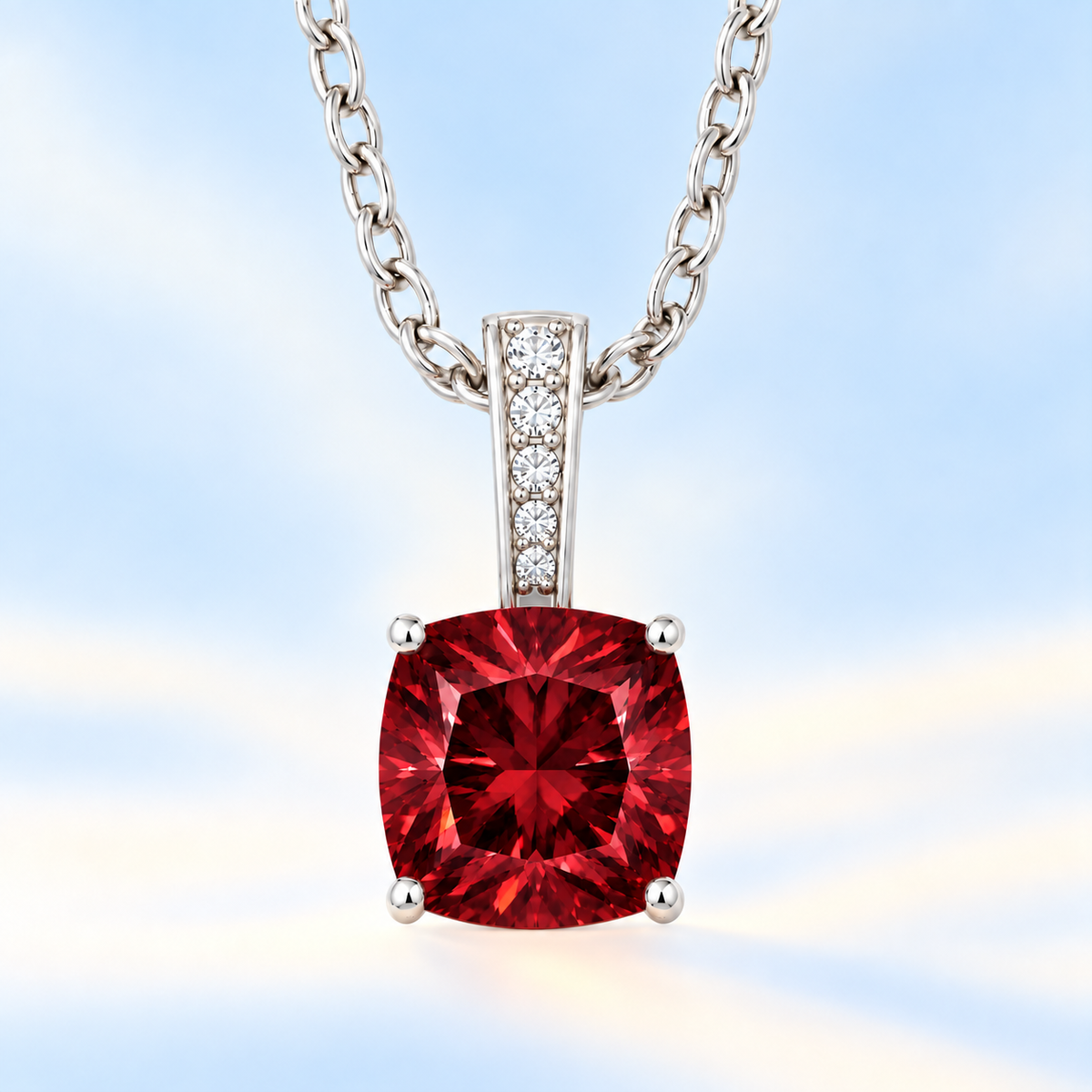 Garnet cushion pendant in white gold-plated 925 silver with moissanite accents. Elegant and hypoallergenic. Available now at BSI Jewelry.