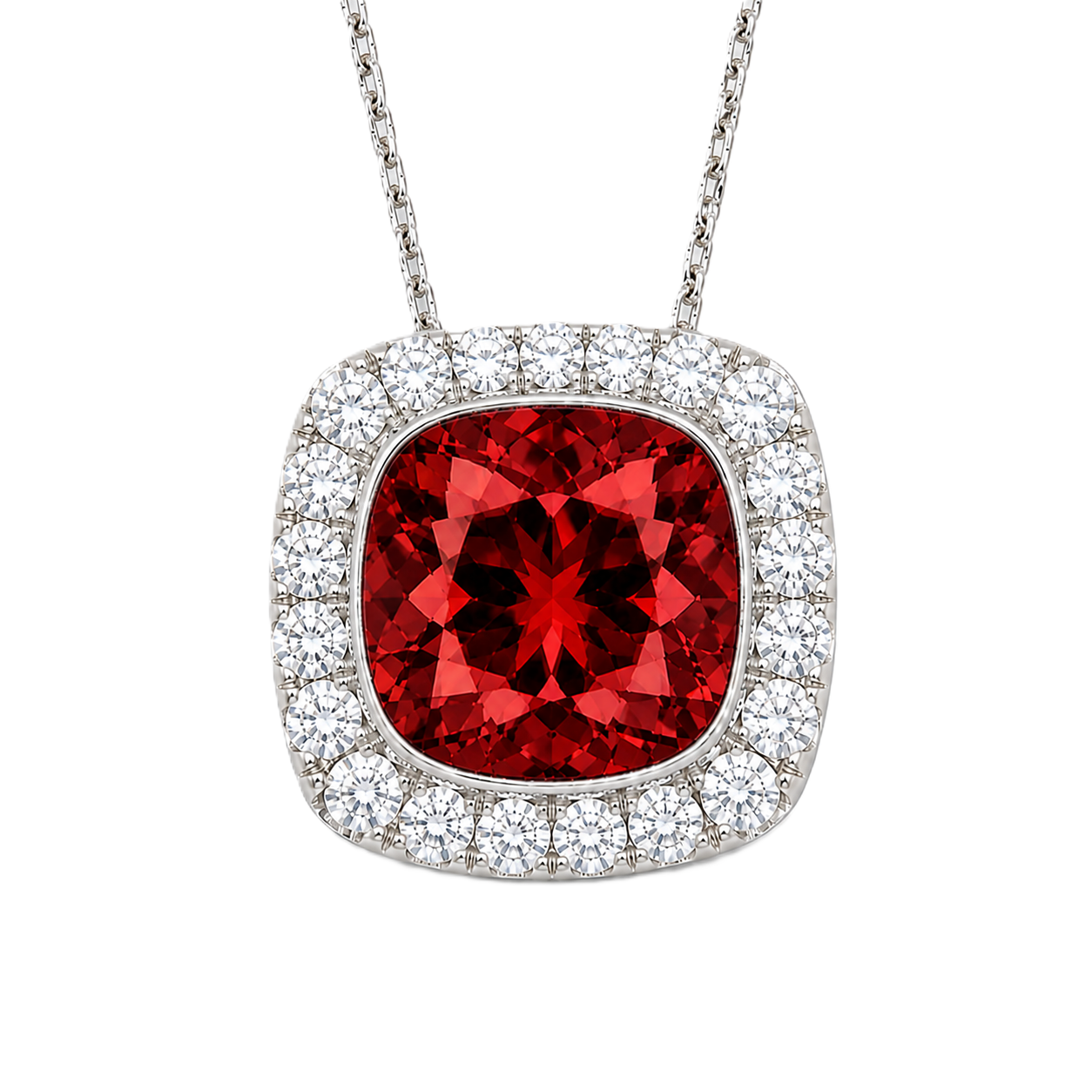 Garnet cushion pendant, 6 mm cushion center with halo, crafted in white gold-plated 925 silver. Rich, warm, and elegant. Available now at BSI Jewelry.