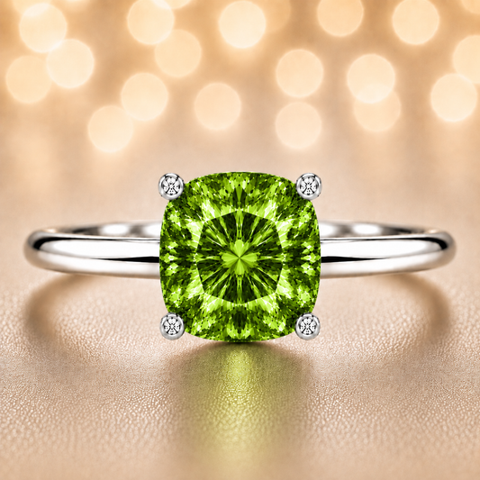 Green Sapphire engagement ring featuring a 6 mm cushion gemstone in white gold-plated 925 silver. Elegant and hypoallergenic. Available now at BSI Jewelry.