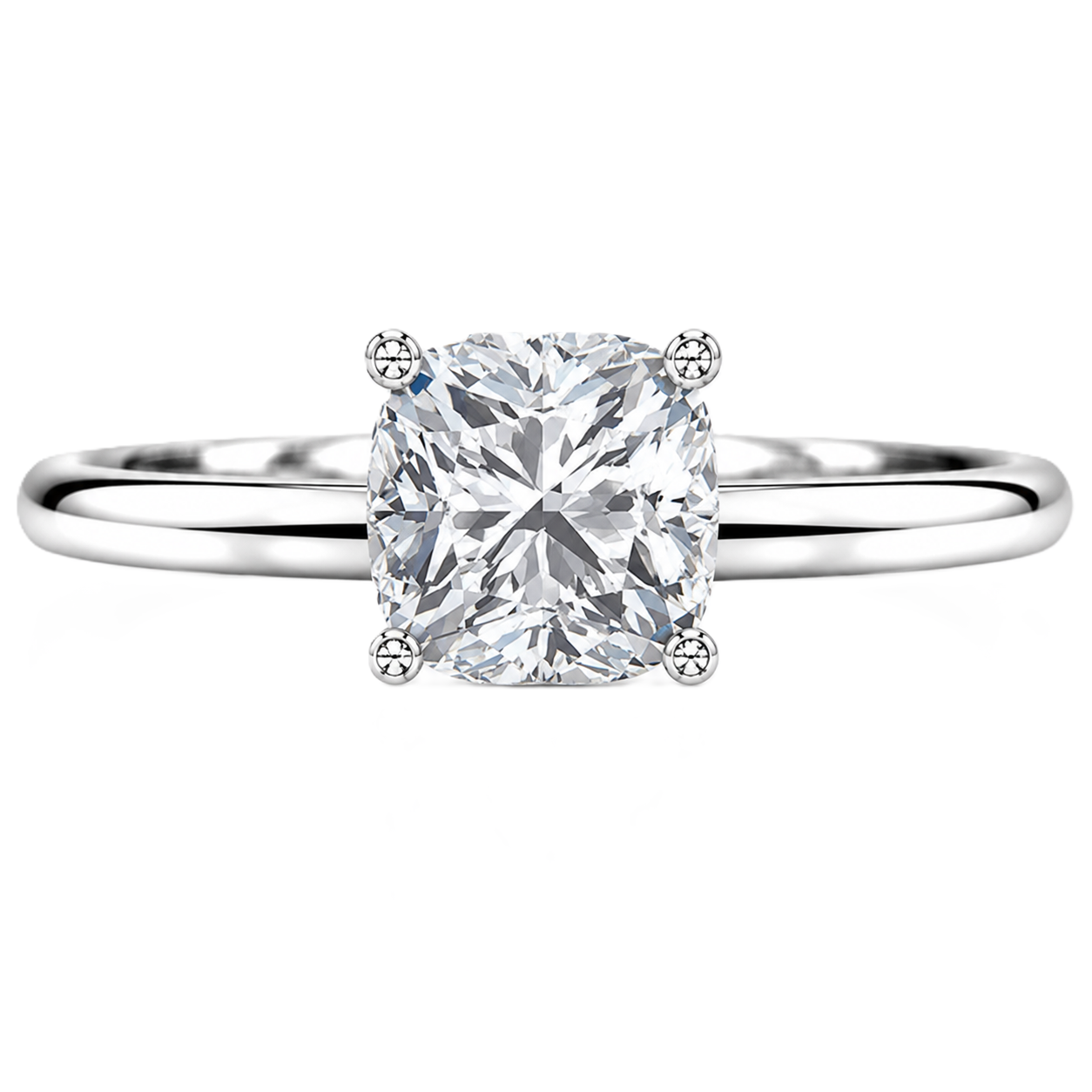 Timeless cushion moissanite engagement ring with a 6 mm cushion-cut center stone, crafted in white gold plated 925 silver. Available now at BSI Jewelry.