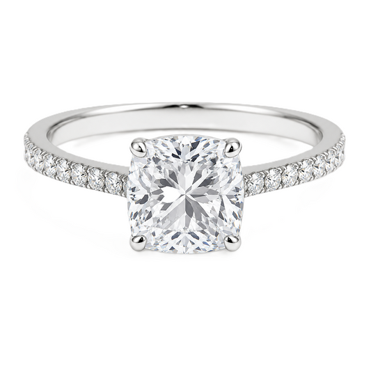 Fall in love with this 6mm Cushion Moissanite Engagement Ring in White Gold Plated 925 Silver. GRA Certified, hypoallergenic, and finely crafted by BSI Jewelry.