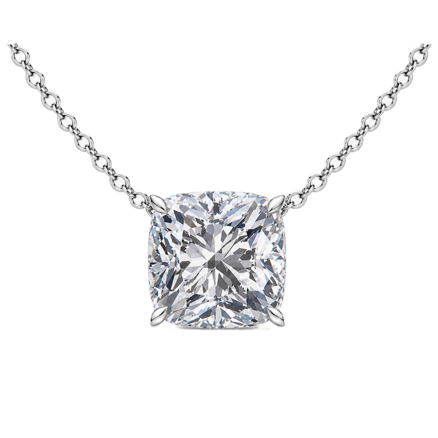Cushion moissanite necklace, 10 mm cushion, crafted in white gold-plated 925 silver. Hypoallergenic and elegant for daily wear. Available now at BSI Jewelry.