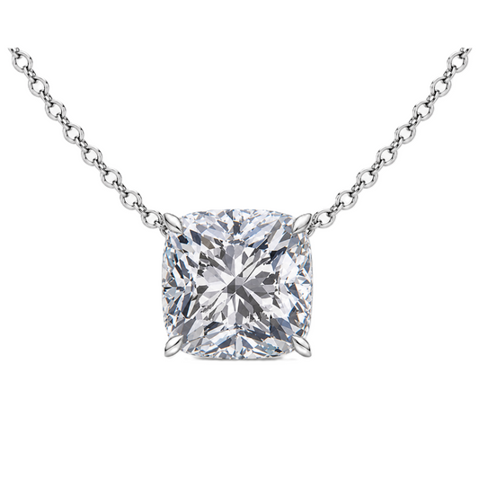 Cushion moissanite necklace, 10 mm cushion, crafted in white gold-plated 925 silver. Hypoallergenic and elegant for daily wear. Available now at BSI Jewelry.