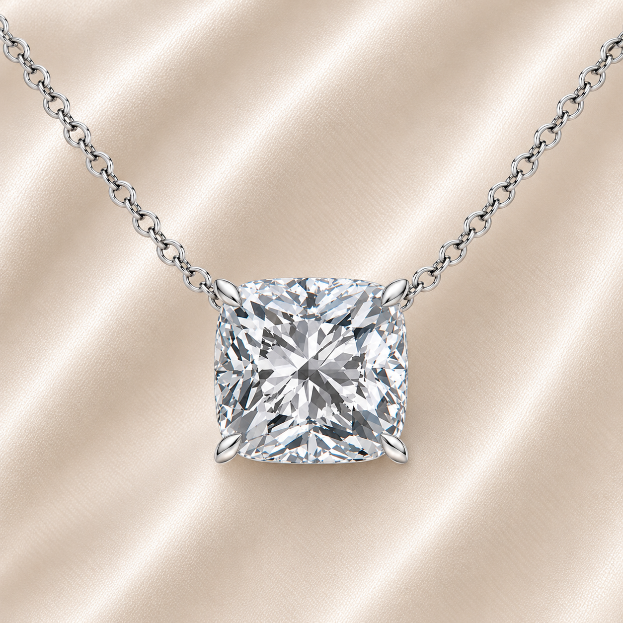 Cushion moissanite necklace, 10 mm cushion, crafted in white gold-plated 925 silver. Hypoallergenic and elegant for daily wear. Available now at BSI Jewelry.