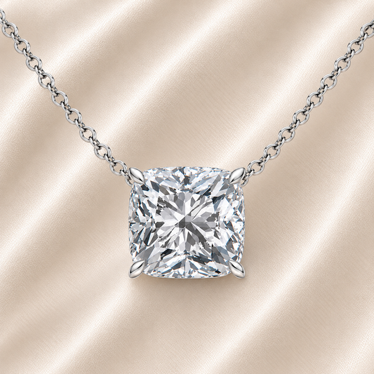 Cushion moissanite necklace, 10 mm cushion, crafted in white gold-plated 925 silver. Hypoallergenic and elegant for daily wear. Available now at BSI Jewelry.