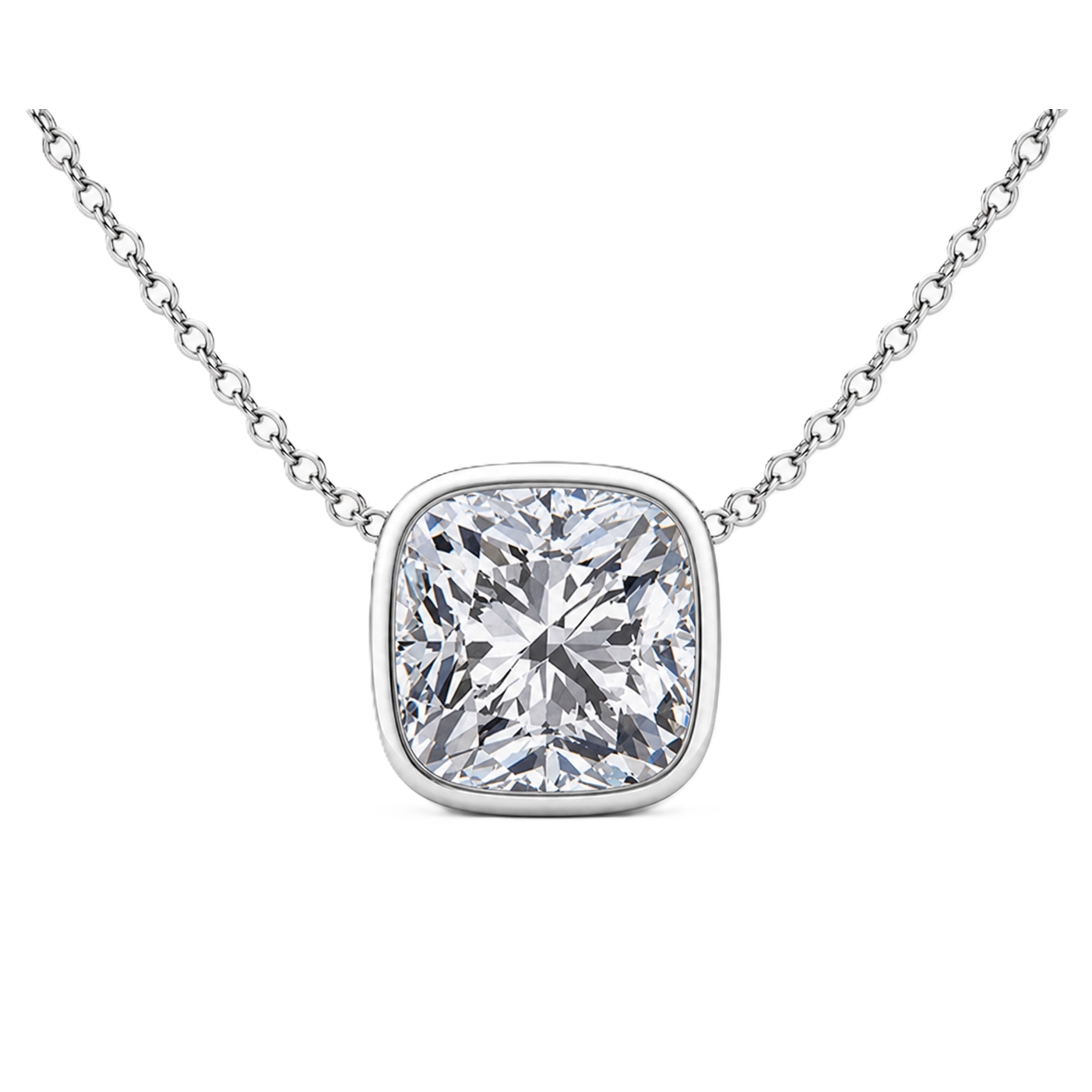 Cushion moissanite necklace, 10 mm cushion, set in white gold-plated 925 silver. Brilliant sparkle, hypoallergenic elegance. Available now at BSI Jewelry.