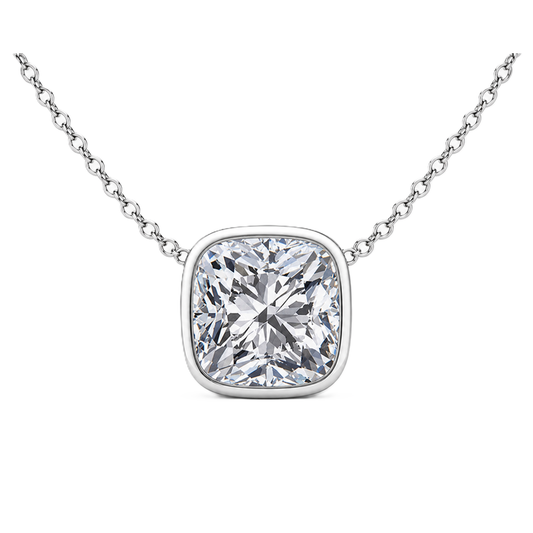 Cushion moissanite necklace, 10 mm cushion, set in white gold-plated 925 silver. Brilliant sparkle, hypoallergenic elegance. Available now at BSI Jewelry.