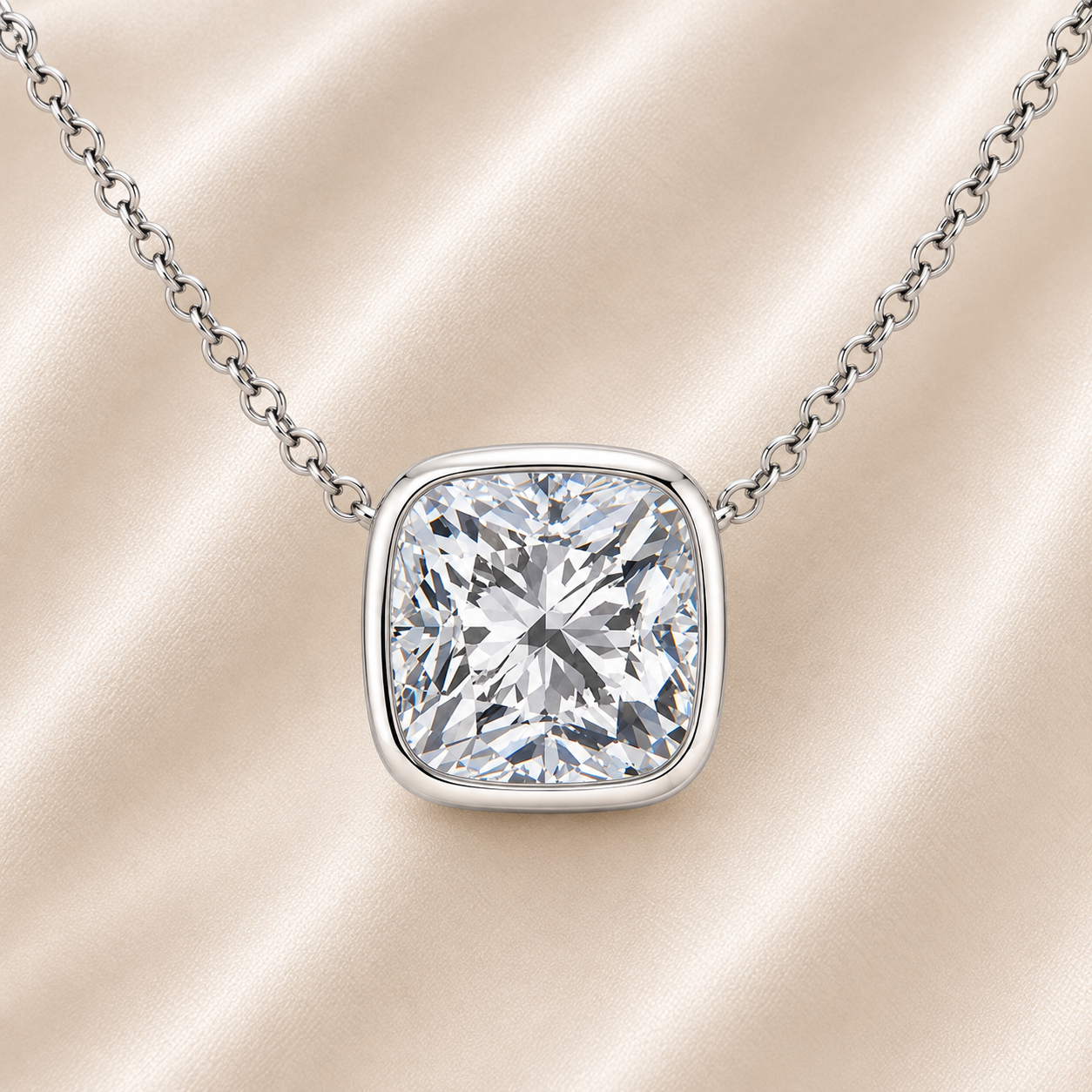 Cushion moissanite necklace, 10 mm cushion, set in white gold-plated 925 silver. Brilliant sparkle, hypoallergenic elegance. Available now at BSI Jewelry.