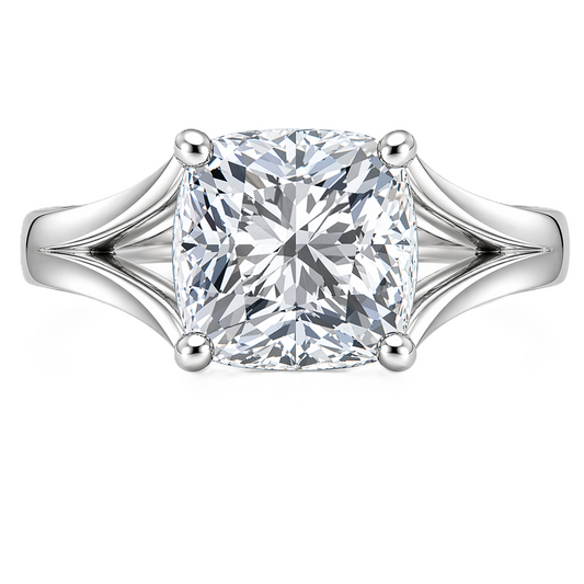 Cushion cut moissanite ring, 10 mm, set in white gold plated 925 silver. Bold brilliance with elegant design for daily wear. Available now at BSI Jewelry.