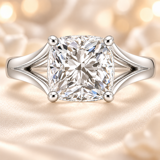 Cushion cut moissanite ring, 10 mm, set in white gold plated 925 silver. Bold brilliance with elegant design for daily wear. Available now at BSI Jewelry.