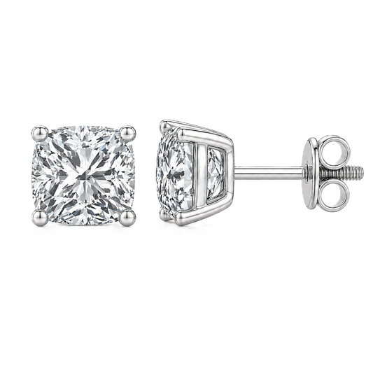 Cushion moissanite stud earrings, 7 mm cushion shape, set in white gold-plated 925 silver. Brilliant, hypoallergenic, and timeless. Available now at BSI Jewelry..