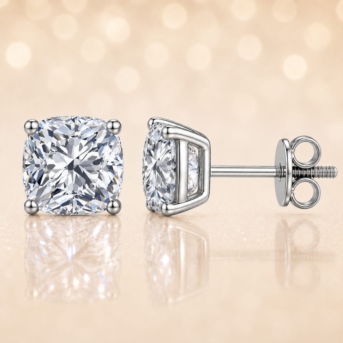 Cushion moissanite stud earrings, 7 mm cushion shape, set in white gold-plated 925 silver. Brilliant, hypoallergenic, and timeless. Available now at BSI Jewelry..