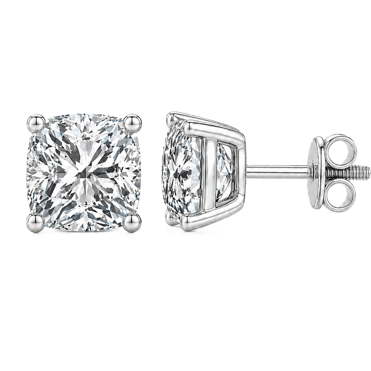Cushion moissanite stud earrings, 8 mm cushion shape, set in white gold-plated 925 silver. Brilliant, hypoallergenic, and timeless. Available now at BSI Jewelry.