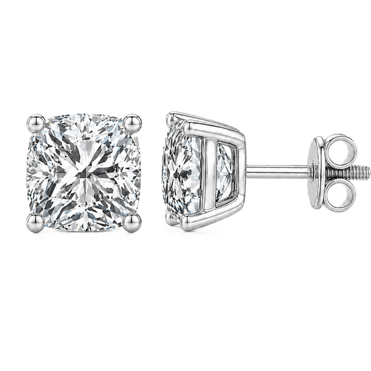 Cushion moissanite stud earrings, 8 mm cushion shape, set in white gold-plated 925 silver. Brilliant, hypoallergenic, and timeless. Available now at BSI Jewelry.