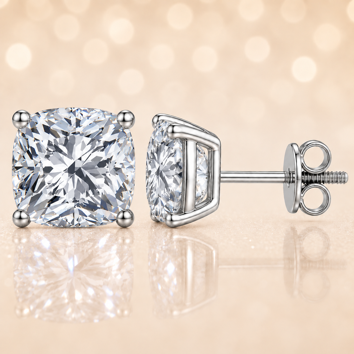 Cushion moissanite stud earrings, 8 mm cushion shape, set in white gold-plated 925 silver. Brilliant, hypoallergenic, and timeless. Available now at BSI Jewelry.