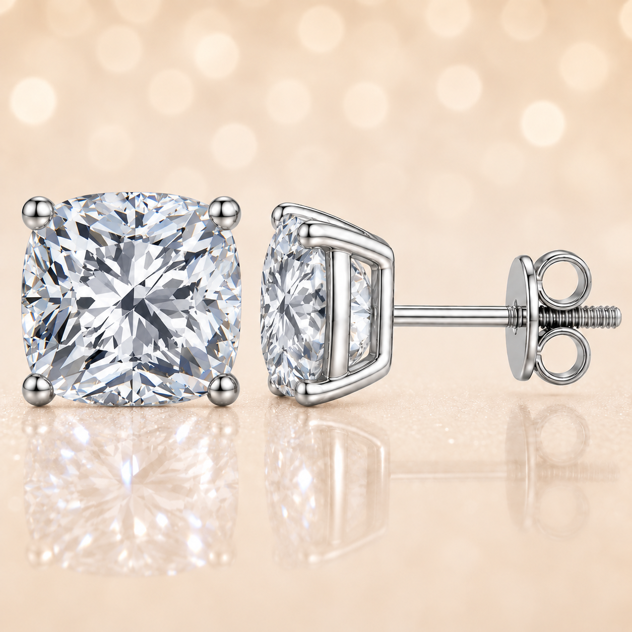 Cushion moissanite stud earrings, 8 mm cushion shape, set in white gold-plated 925 silver. Brilliant, hypoallergenic, and timeless. Available now at BSI Jewelry.