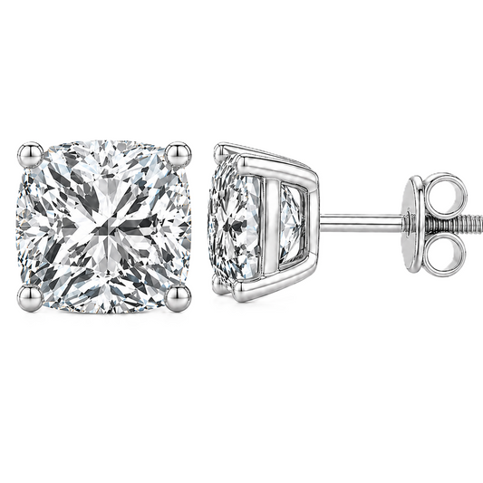 Cushion moissanite stud earrings, 9 mm cushion shape, set in white gold-plated 925 silver. Brilliant, hypoallergenic, and timeless. Available now at BSI Jewelry.