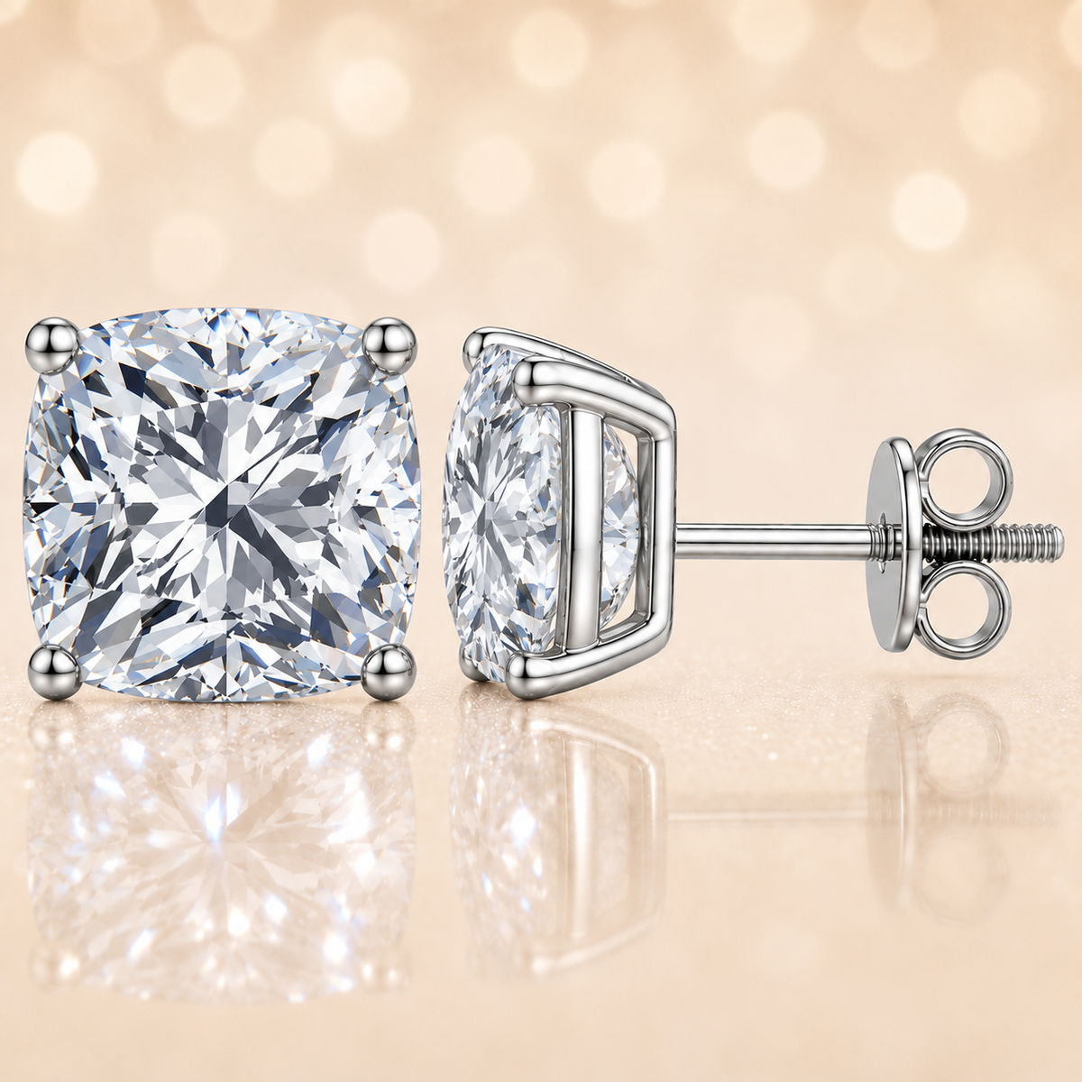 Cushion moissanite stud earrings, 9 mm cushion shape, set in white gold-plated 925 silver. Brilliant, hypoallergenic, and timeless. Available now at BSI Jewelry.