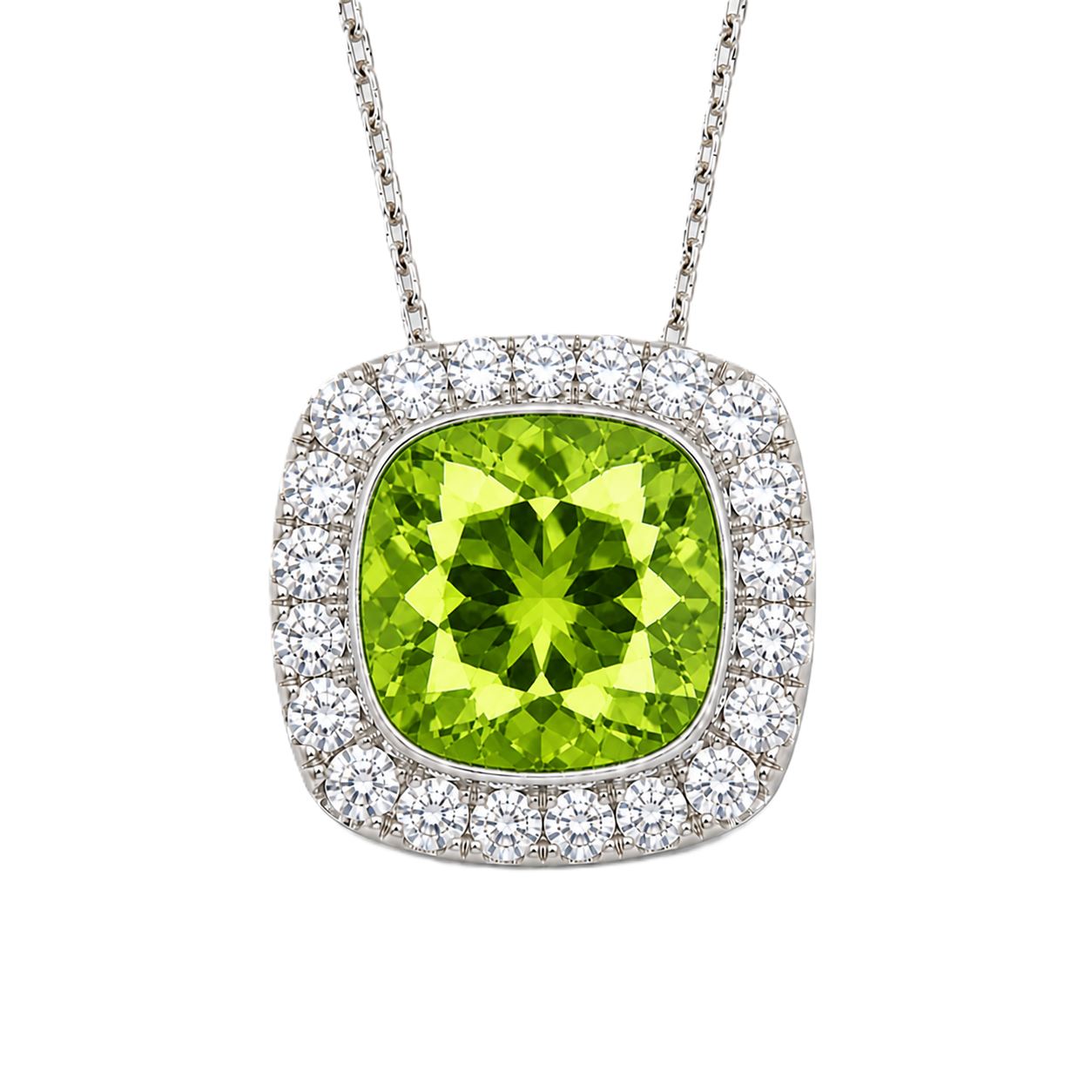 Peridot cushion pendant, 6 mm cushion center with halo, crafted in white gold-plated 925 silver. Bright, fresh, and elegant. Available now at BSI Jewelry.