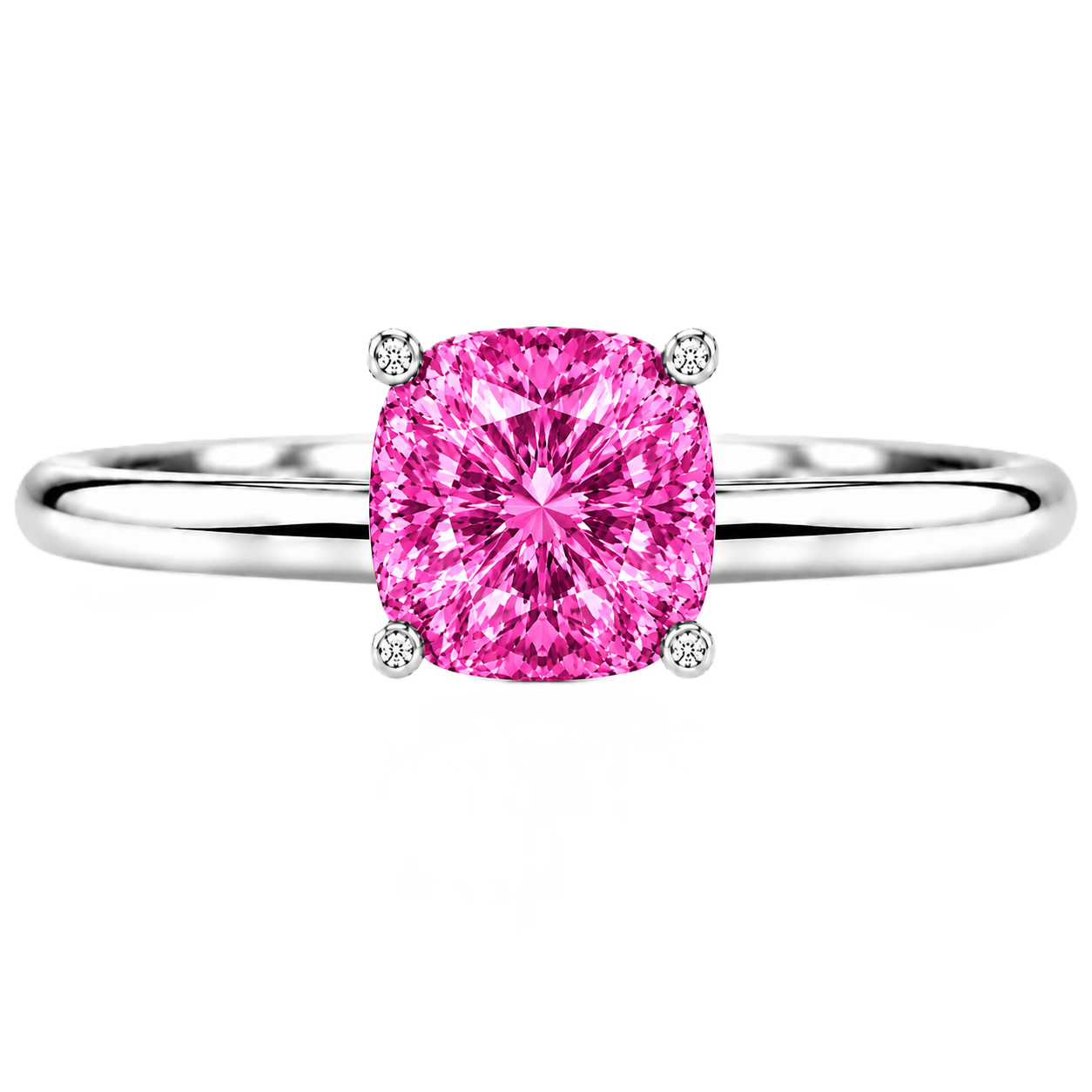 Pink Sapphire engagement ring featuring a 6 mm cushion gemstone in white gold-plated 925 silver. Elegant and hypoallergenic. Available now at BSI Jewelry.