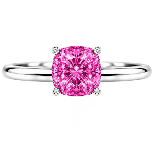 Pink Sapphire engagement ring featuring a 6 mm cushion gemstone in white gold-plated 925 silver. Elegant and hypoallergenic. Available now at BSI Jewelry.