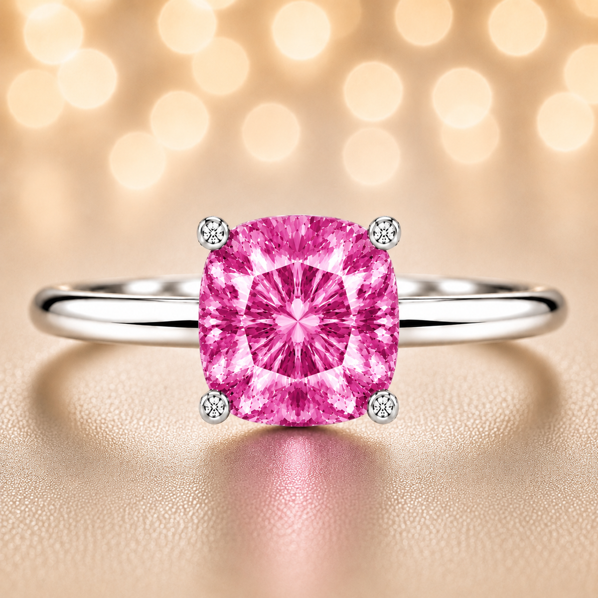 Pink Sapphire engagement ring featuring a 6 mm cushion gemstone in white gold-plated 925 silver. Elegant and hypoallergenic. Available now at BSI Jewelry.