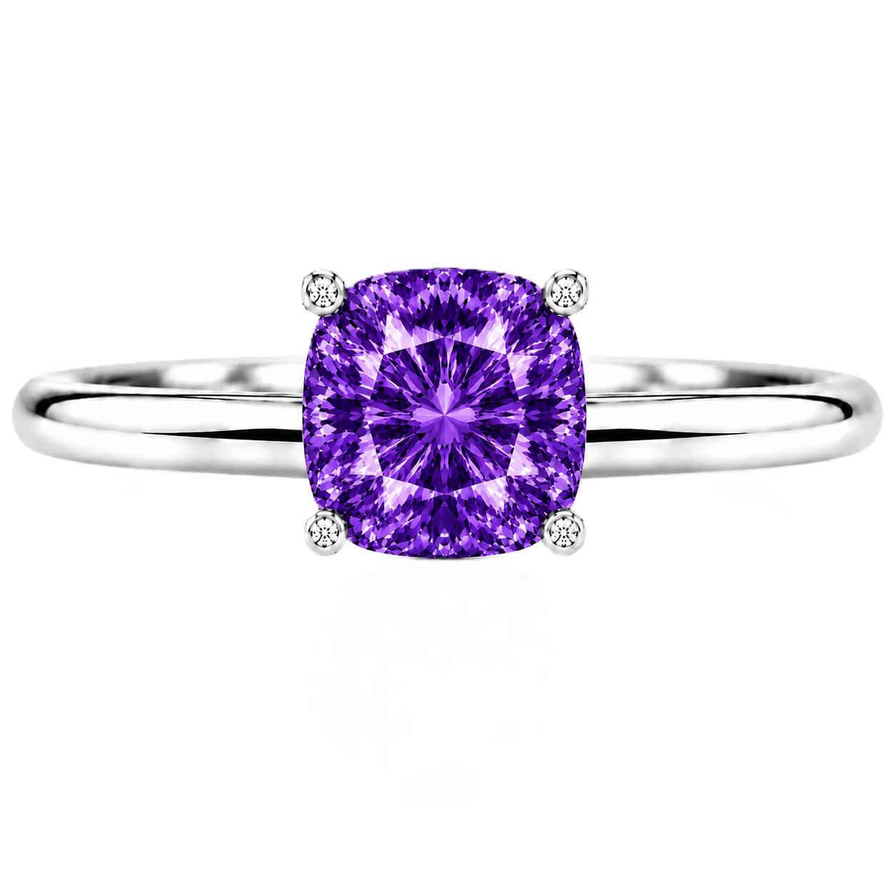 Purple Sapphire engagement ring featuring a 6 mm cushion gemstone in white gold-plated 925 silver. Elegant and hypoallergenic. Available now at BSI Jewelry.