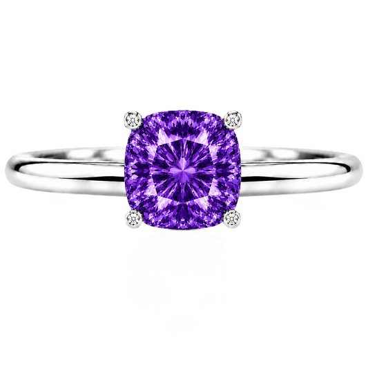 Purple Sapphire engagement ring featuring a 6 mm cushion gemstone in white gold-plated 925 silver. Elegant and hypoallergenic. Available now at BSI Jewelry.