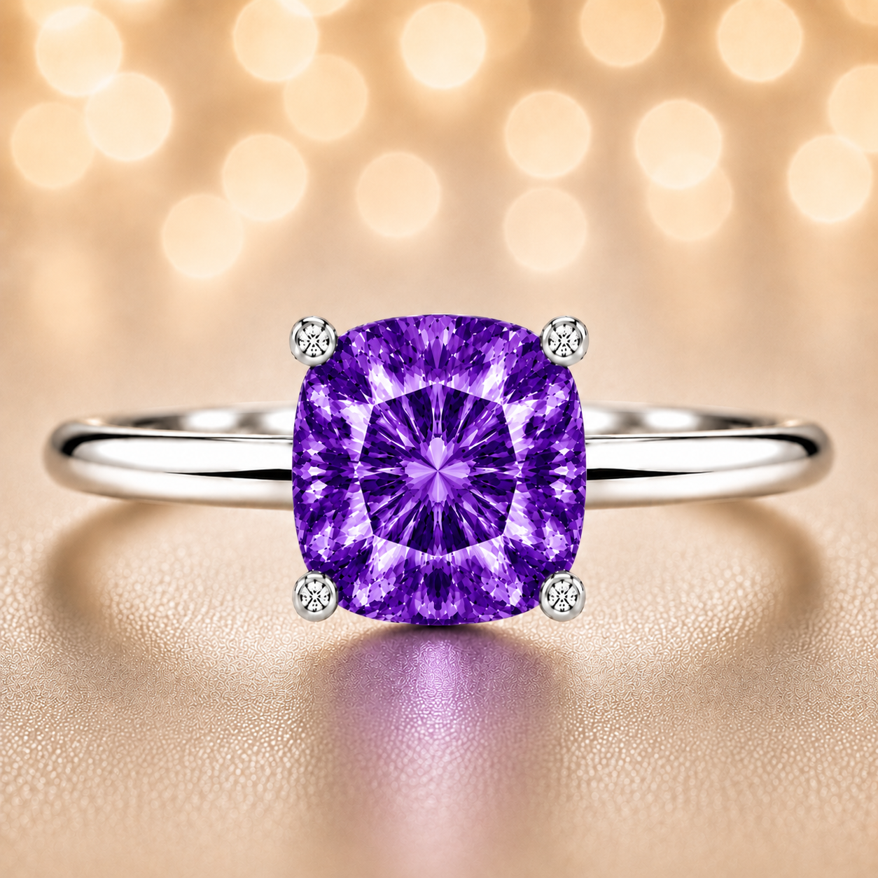 Purple Sapphire engagement ring featuring a 6 mm cushion gemstone in white gold-plated 925 silver. Elegant and hypoallergenic. Available now at BSI Jewelry.