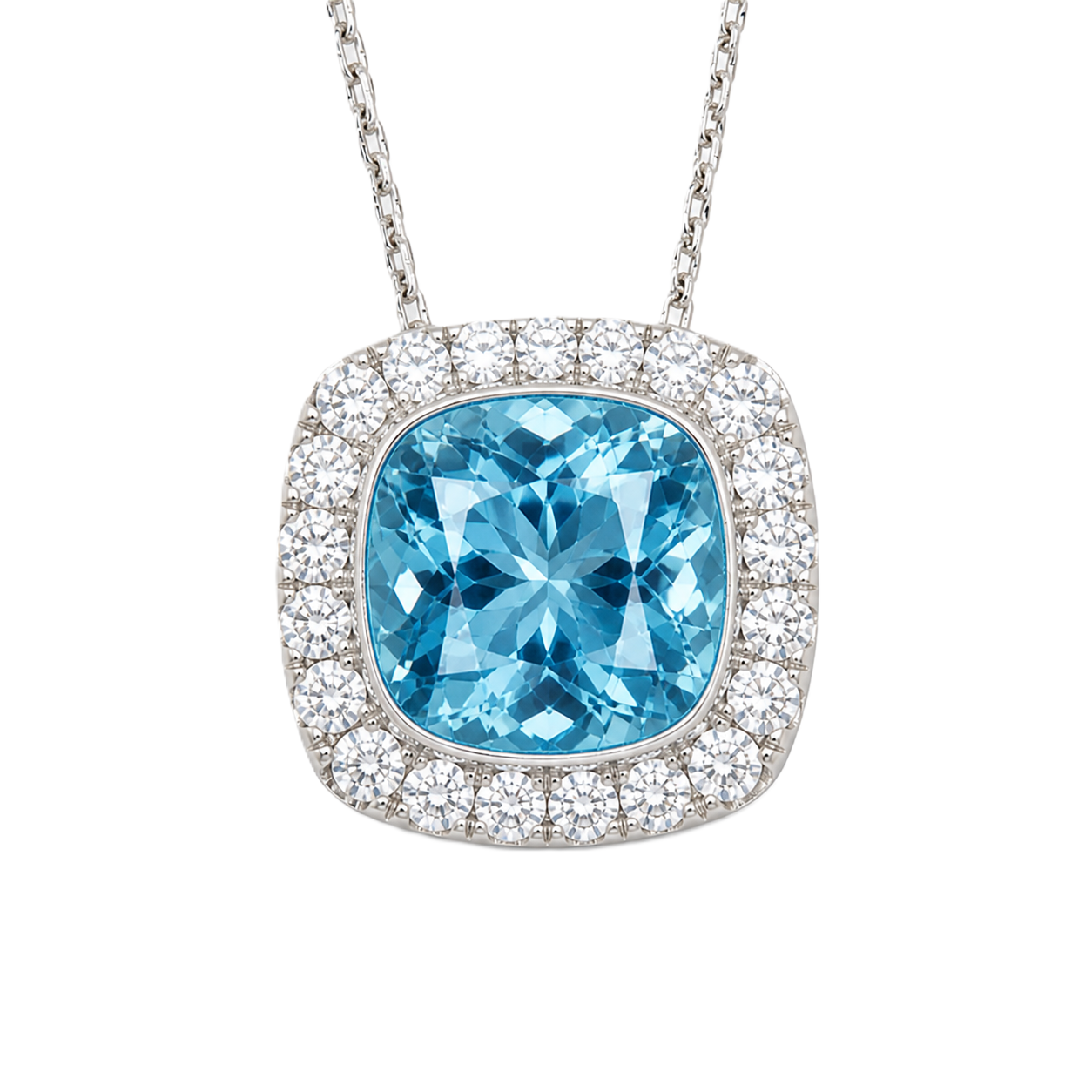 Swiss blue topaz cushion pendant, 6 mm cushion center with halo, crafted in white gold-plated 925 silver. Fresh, bright, and elegant. Available now at BSI Jewelry.
