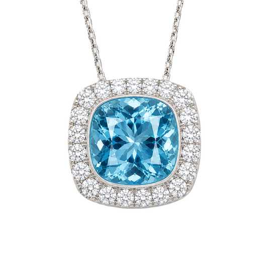 Swiss blue topaz cushion pendant, 6 mm cushion center with halo, crafted in white gold-plated 925 silver. Fresh, bright, and elegant. Available now at BSI Jewelry.