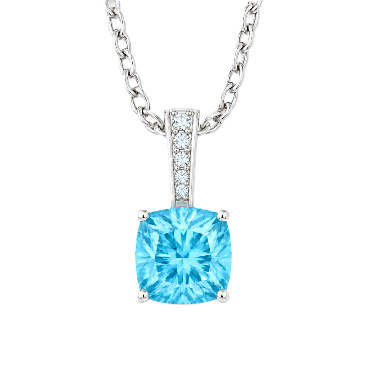 Swiss blue topaz cushion pendant in white gold-plated 925 silver with moissanite accents. Elegant and hypoallergenic. Available now at BSI Jewelry.