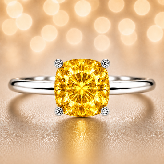Yellow Sapphire engagement ring featuring a 6 mm cushion gemstone in white gold-plated 925 silver. Elegant and hypoallergenic. Available now at BSI Jewelry.