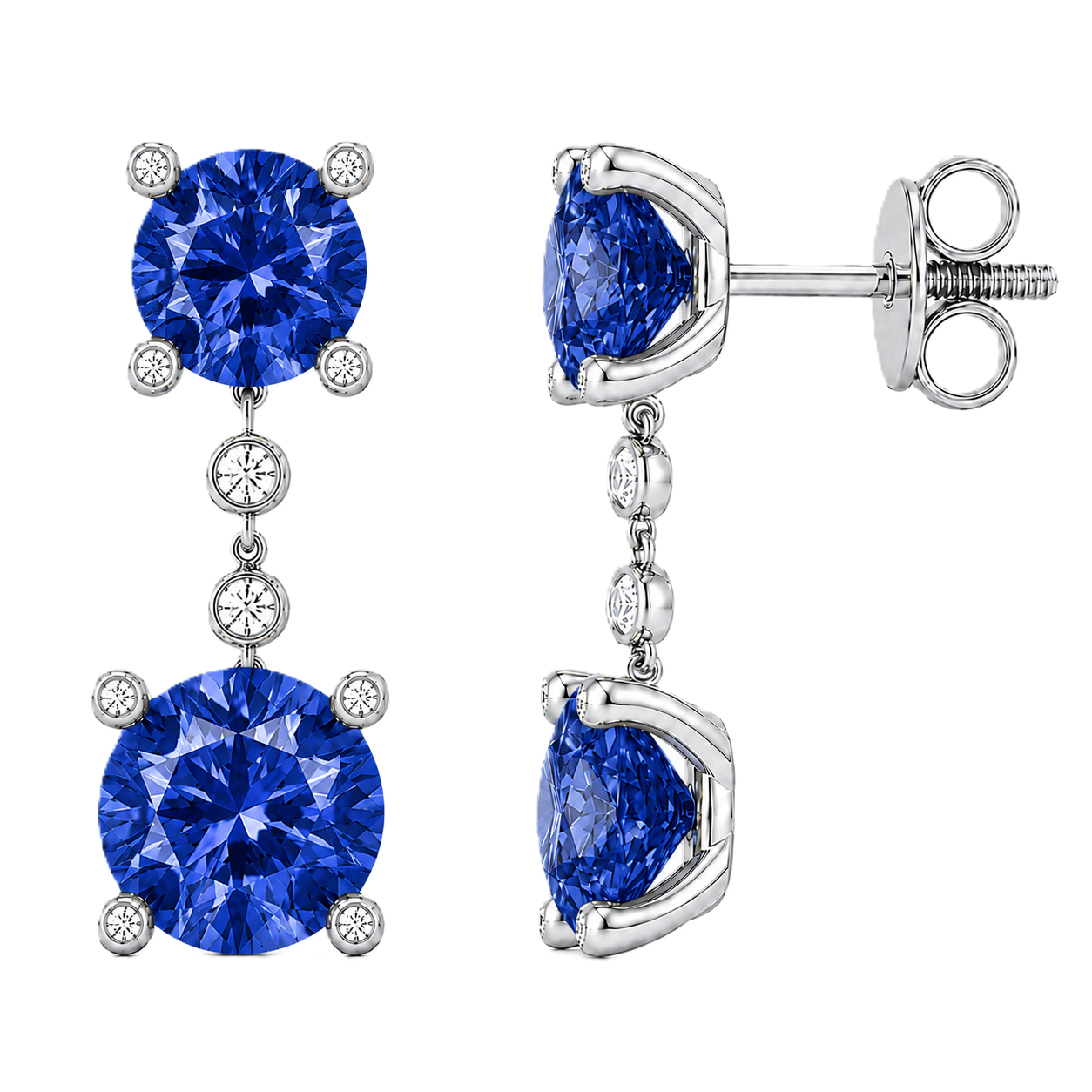 Elegant blue sapphire drop earrings with 4 & 5 mm round stones in white gold-plated 925 silver. Hypoallergenic and graceful. Available now at BSI Jewelry.