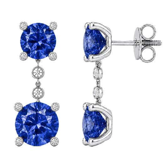 Elegant blue sapphire drop earrings with 4 & 5 mm round stones in white gold-plated 925 silver. Hypoallergenic and graceful. Available now at BSI Jewelry.