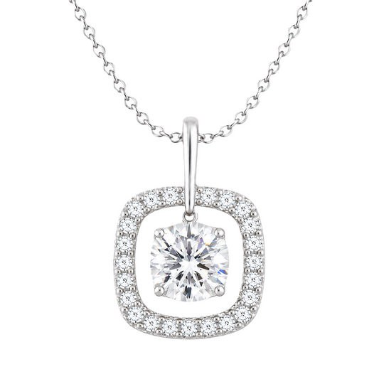 Elegant cushion moissanite halo pendant in white gold-plated 925 silver. Timeless sparkle with a floating halo design. Available now at BSI Jewelry.