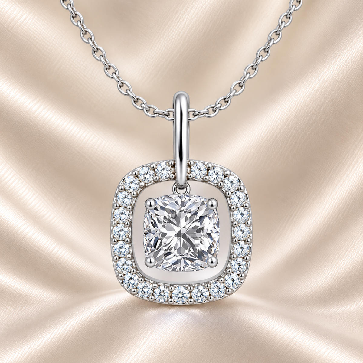 Elegant cushion moissanite halo pendant in white gold-plated 925 silver. Timeless sparkle with a floating halo design. Available now at BSI Jewelry.