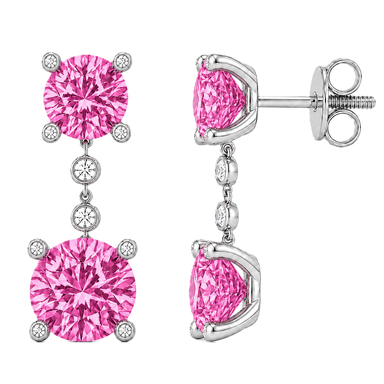 Elegant pink sapphire drop earrings with 4 & 5 mm round stones in white gold-plated 925 silver. Hypoallergenic and graceful. Available now at BSI Jewelry.