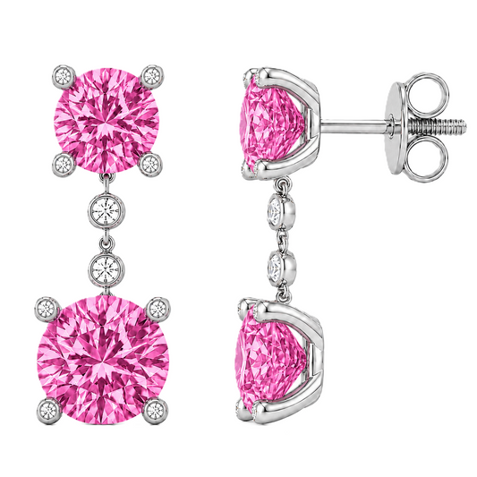 Elegant pink sapphire drop earrings with 4 & 5 mm round stones in white gold-plated 925 silver. Hypoallergenic and graceful. Available now at BSI Jewelry.