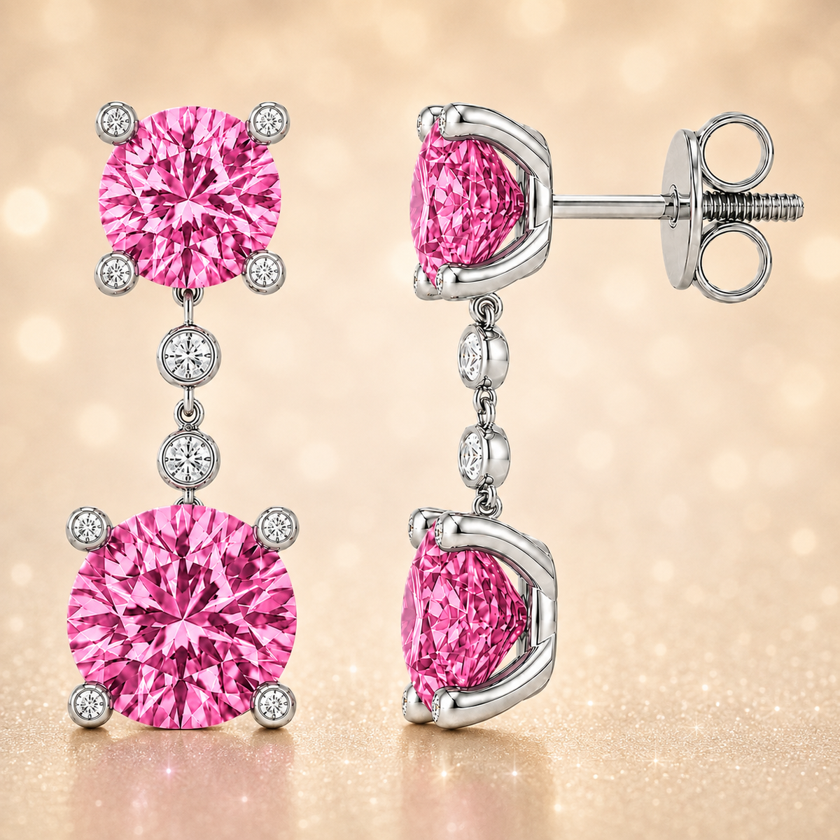 Elegant pink sapphire drop earrings with 4 & 5 mm round stones in white gold-plated 925 silver. Hypoallergenic and graceful. Available now at BSI Jewelry.