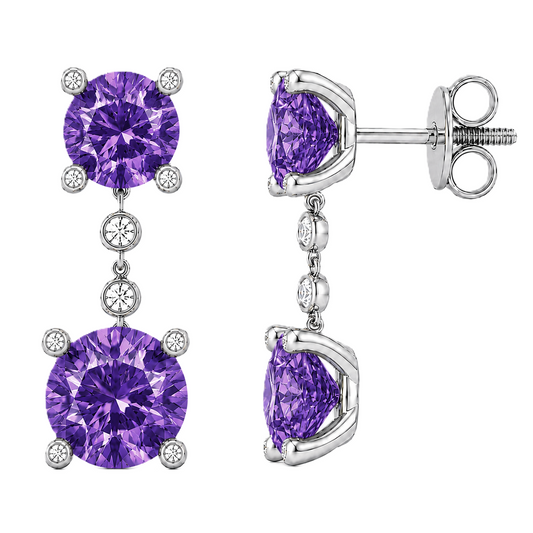 Elegant purple sapphire drop earrings with 4 & 5 mm round stones in white gold-plated 925 silver. Hypoallergenic and graceful. Available now at BSI Jewelry.
