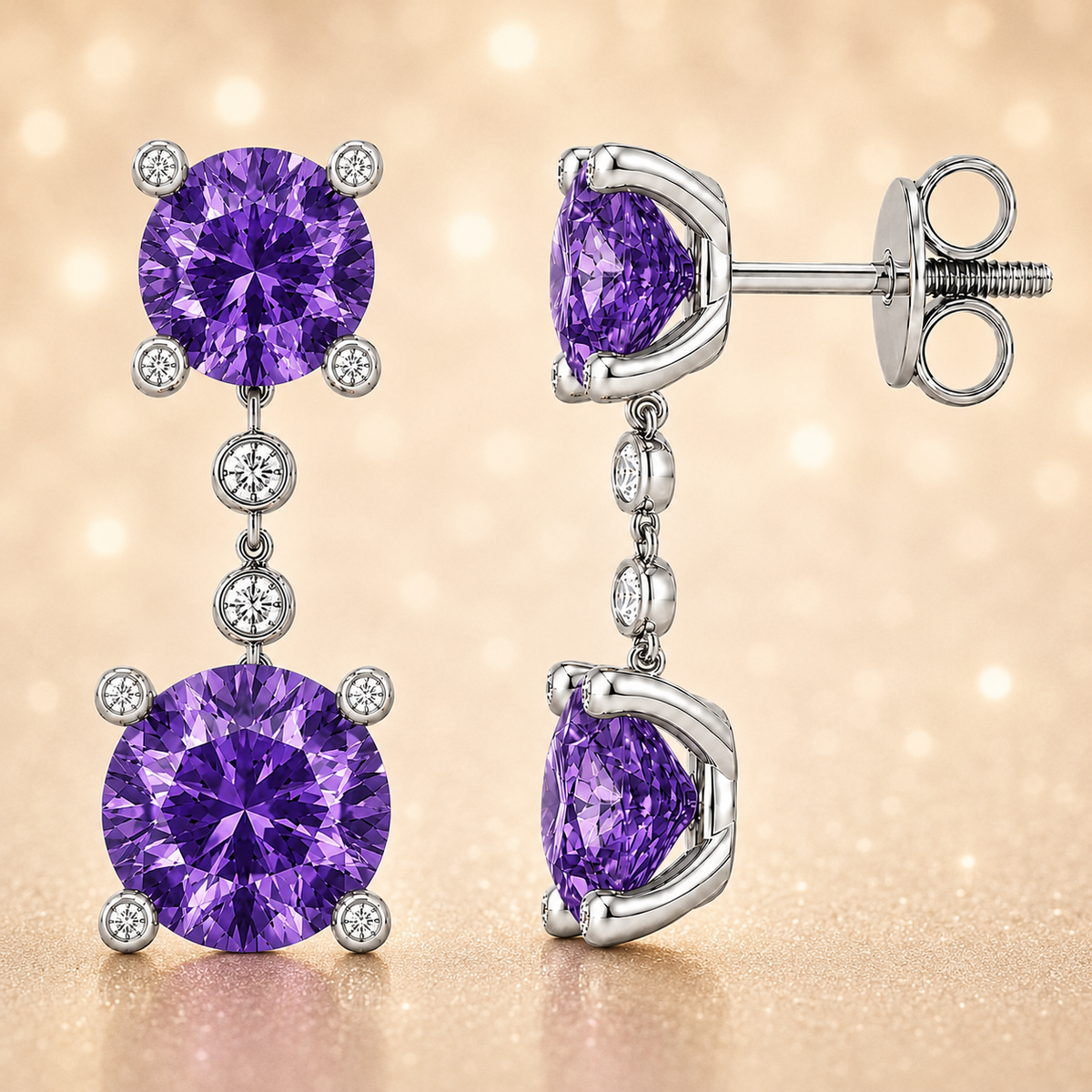 Elegant purple sapphire drop earrings with 4 & 5 mm round stones in white gold-plated 925 silver. Hypoallergenic and graceful. Available now at BSI Jewelry.