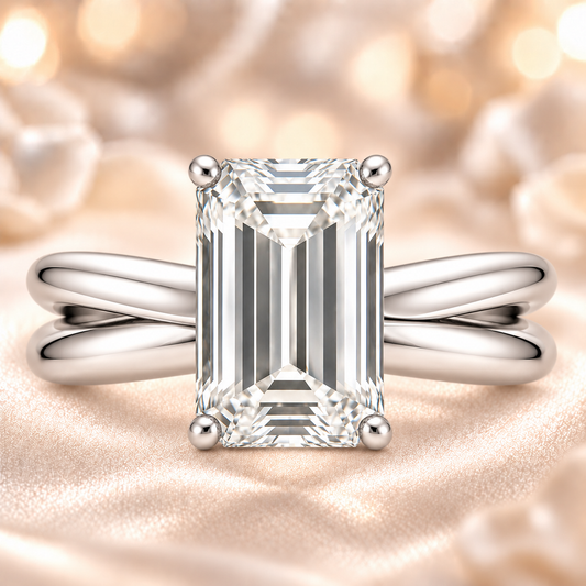 Emerald cut moissanite ring, 10×8 mm, set in white gold plated 925 silver. Bold, elegant, and hypoallergenic for daily wear. Available now at BSI Jewelry.