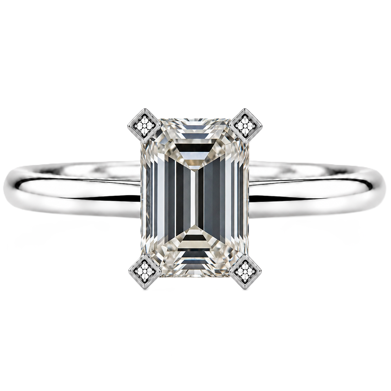 Timeless emerald moissanite engagement ring with a 6×4 mm emerald-cut center stone, crafted in white gold plated 925 silver. Available now at BSI Jewelry.