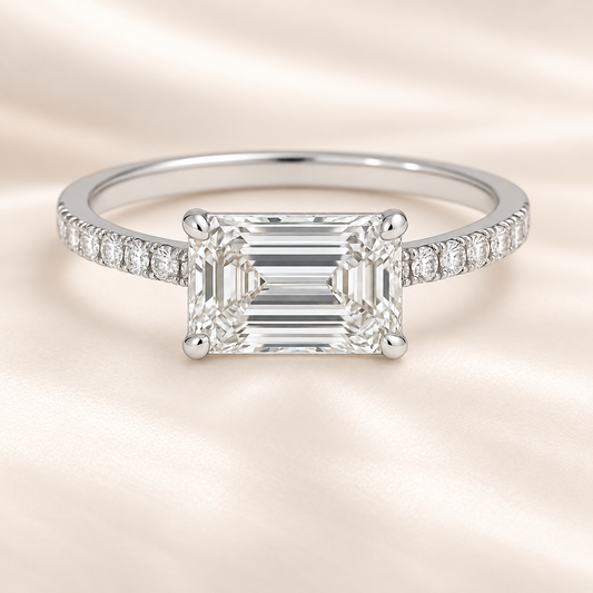 Fall in love with this 7×5mm Emerald Moissanite Engagement Ring in White Gold Plated 925 Silver. GRA Certified, hypoallergenic and finely crafted by BSI Jewelry.