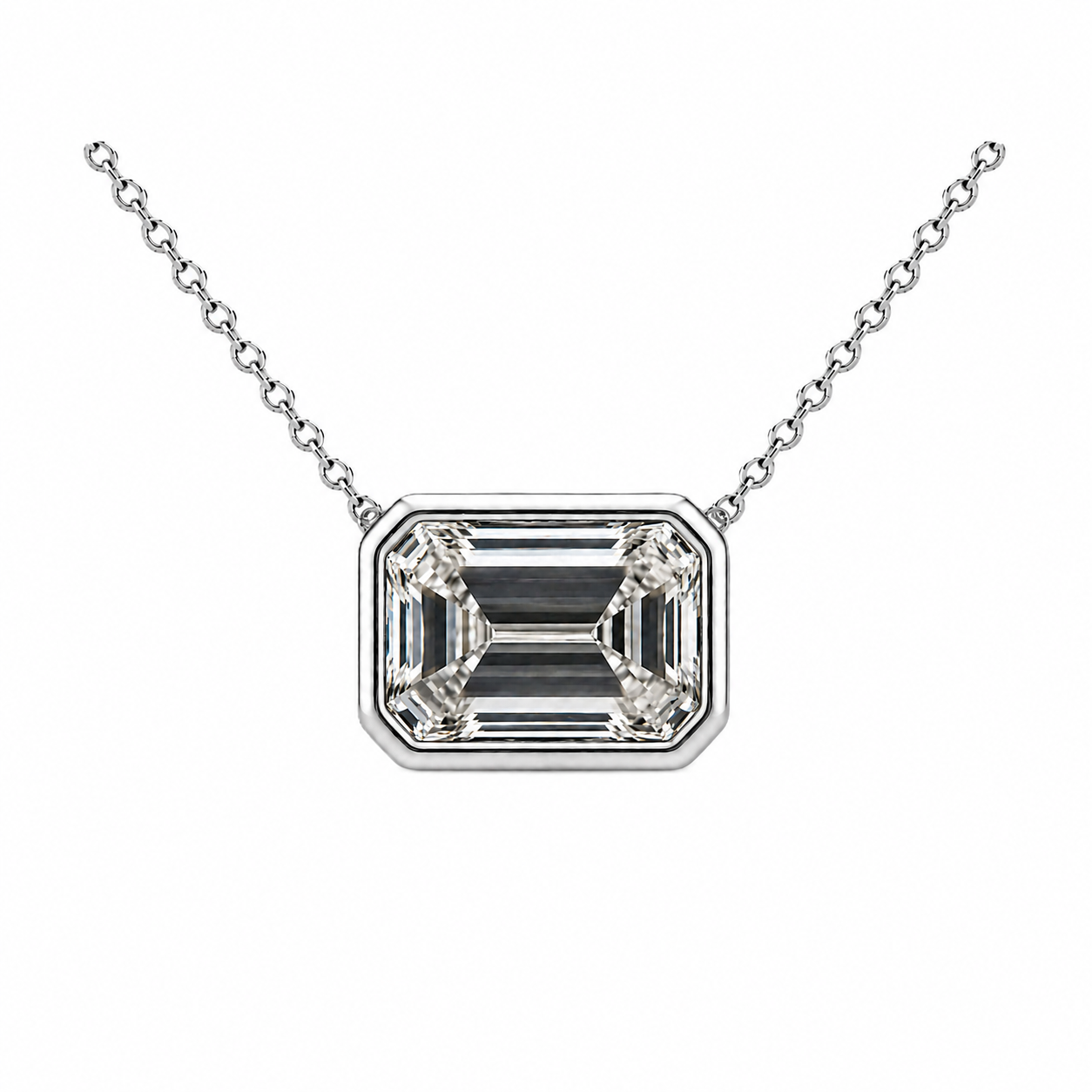 Emerald moissanite necklace, 11 x 9 mm emerald, set in white gold-plated 925 silver. Step-cut brilliance, hypoallergenic elegance. Available now at BSI Jewelry.
