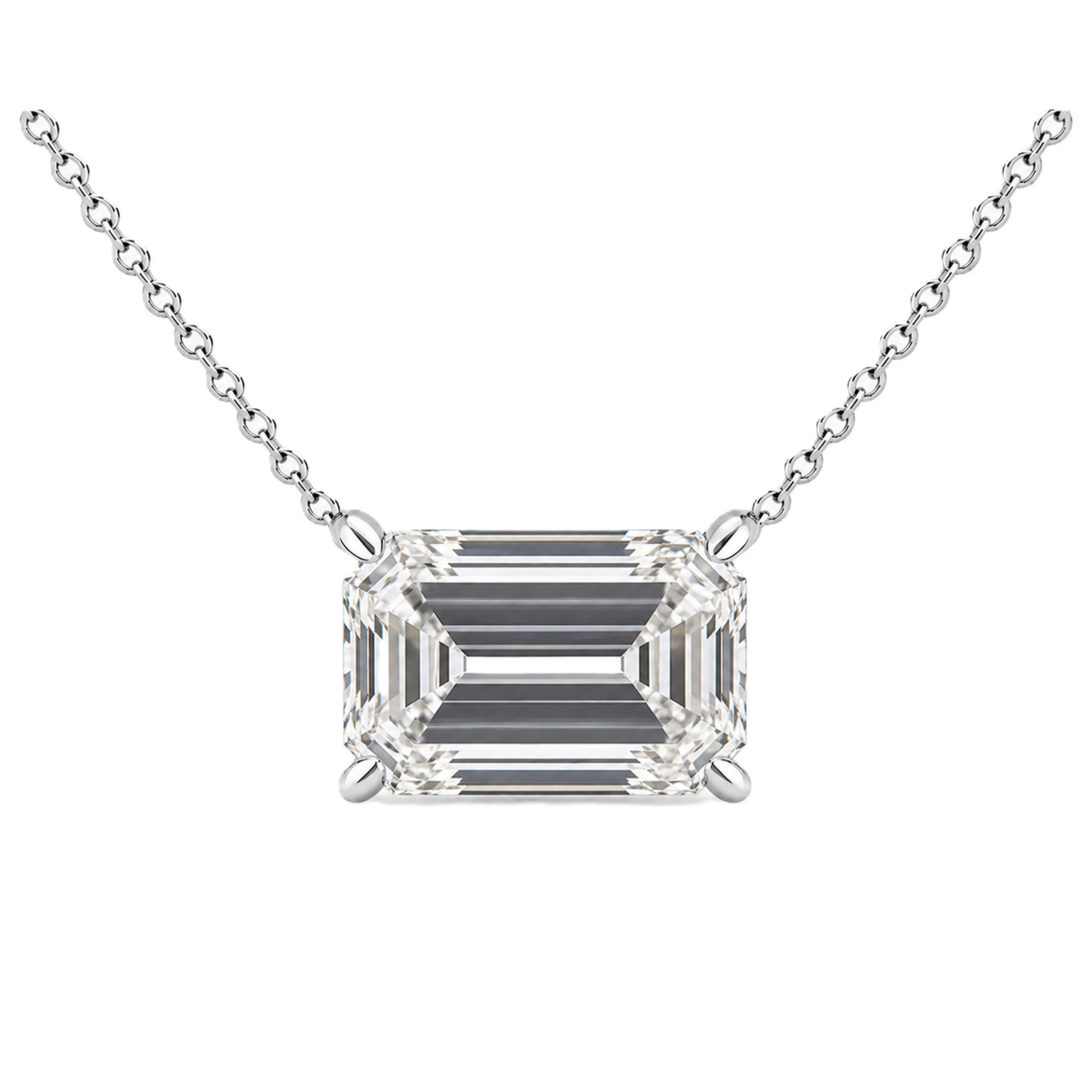 Emerald moissanite necklace, 11×9 mm emerald, crafted in white gold-plated 925 silver. Hypoallergenic and elegant for daily wear. Available now at BSI Jewelry.